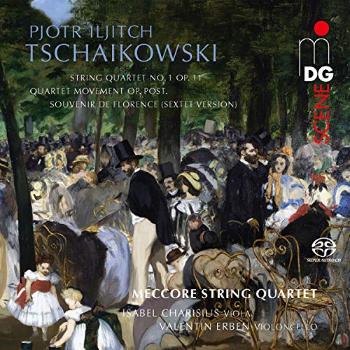 "CD cover featuring a 19th-century garden party scene with text overlay."