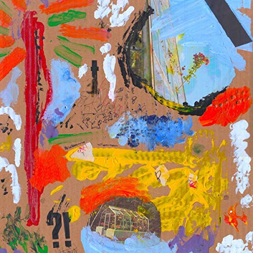 Abstract painting with a greenhouse image and colorful brushstrokes.