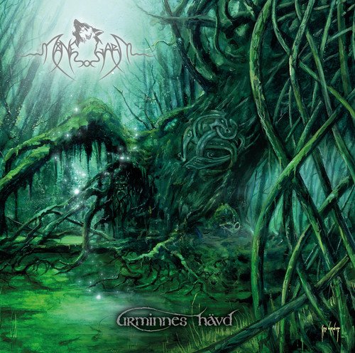 Dark forest scene with band logo and album title, “Urminnes Havd”.