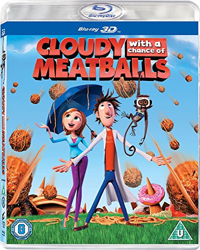 Cloudy With a Chance of Meatballs" Blu-ray cover with characters and falling food.