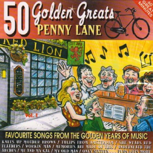 CD cover for "Penny Lane - 50 Golden Greats" with cartoon pub scene.