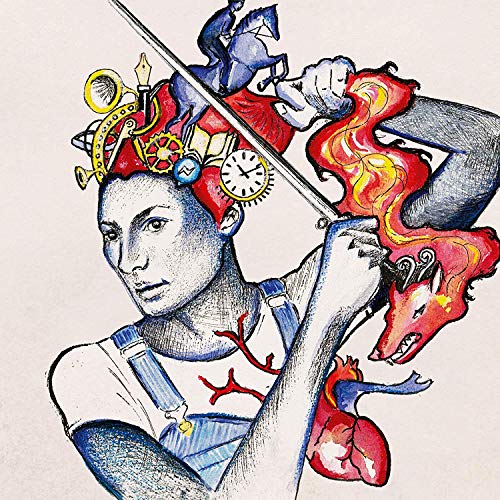 "Album cover: surreal illustration of a woman holding a sword with various symbolic elements."