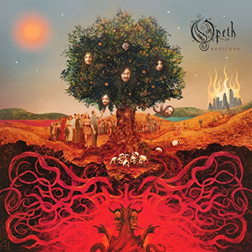 Opeth's "Heritage" CD cover: surreal landscape with a tree and abstract figures.