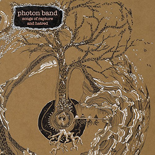 Vinyl record cover: brown background with detailed black and white tree illustration.