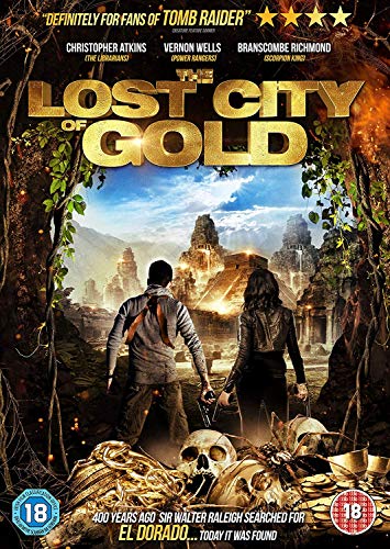 A man and woman stand before an ancient golden city with skulls in foreground.