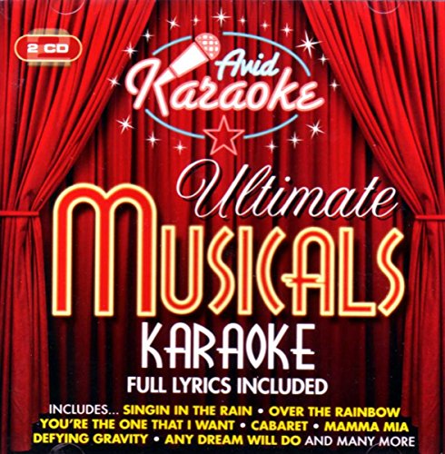 "CD cover with red curtains, 'Avid Karaoke' logo, and 'Ultimate Musicals Karaoke' text."