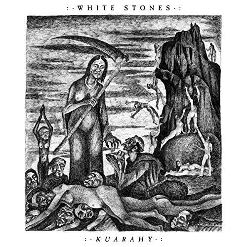 The alt text for this image is: "Black and white album cover art featuring a grim reaper-like figure."