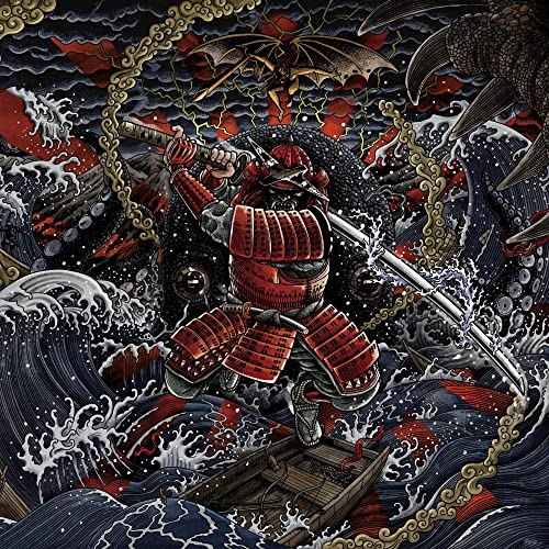 A samurai in red armor wields a sword on a boat amidst stormy waves.