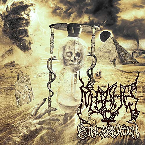 Album cover: skull in hourglass, pyramids, desert, and dramatic sky.