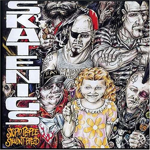 "Album cover featuring cartoon characters, with the title 'Skatenigs' and subtitle 'Stupid People'."