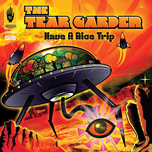"Vinyl album cover with UFO and eye illustration, orange and red background."