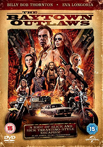 DVD cover for "The Baytown Outlaws" featuring actors and motorcycles in a fiery scene.