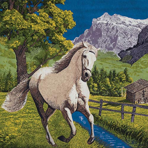 The image depicts a vinyl record cover featuring a white horse running in a field. Alt text: White horse running in a field with mountains in the background.