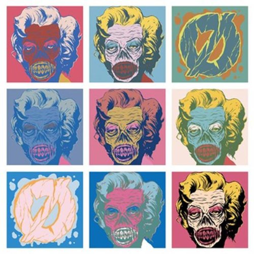 Nine square pop art images of distorted faces in bright colors.