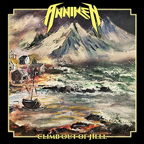 Painted album cover with mountains, sea, village, and band logo "Anniken".