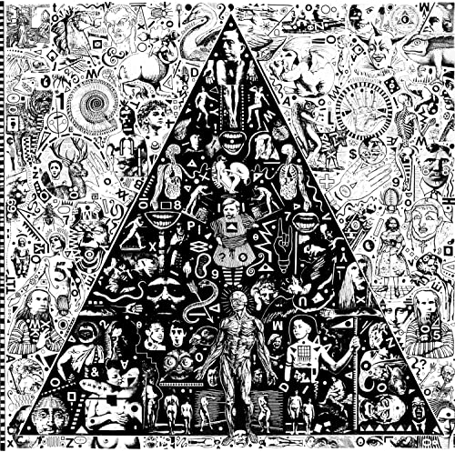 Black and white album cover with a triangular design filled with figures.