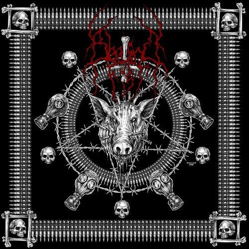 Album cover with a goat skeleton surrounded by skulls and barbed wire on a black background.