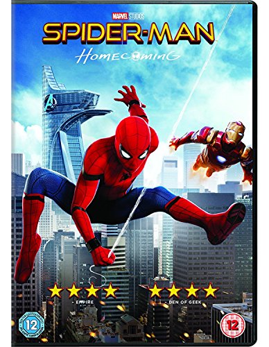 "Spider-Man: Homecoming DVD cover featuring Spiderman and Iron Man over a cityscape."