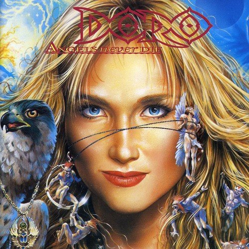 "Doro album cover featuring a blonde woman with a bird and cherubs."
