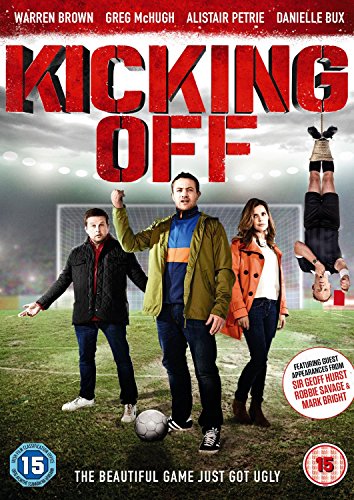 DVD cover for Kicking Off featuring three people on a pitch and one hanging.