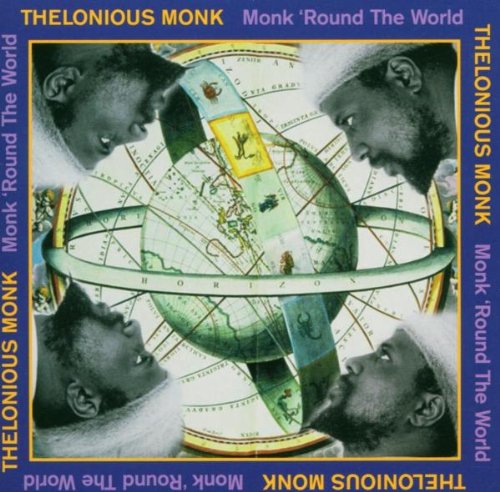 "Thelonious Monk album cover featuring an armillary sphere surrounded by Monk's profile images."