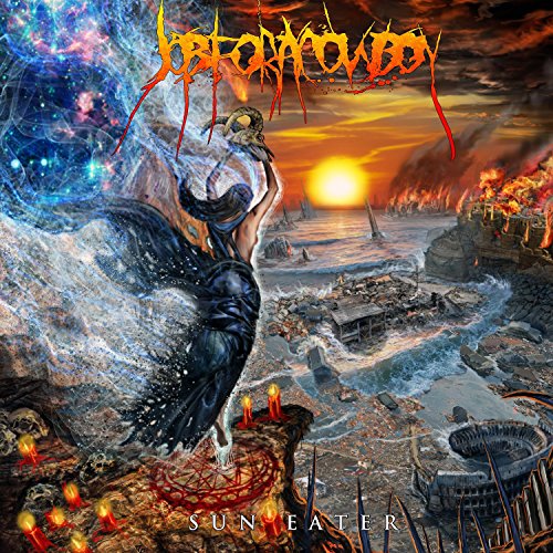 The image depicts a metal album cover featuring a fantastical, apocalyptic scene. For accessibility purposes, a suitable alt text could be: "Metal album cover with apocalyptic scene and band name."