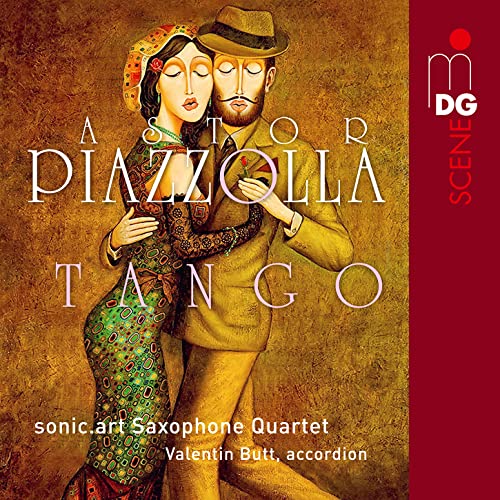 CD cover: couple embracing, stylized art, “Astor Piazzolla: Tango” text.