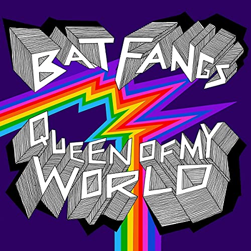 Album cover for Bat Fangs’ “Queen Of My World” with rainbow lightning.