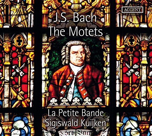 "Album cover featuring stained glass image of Johann Sebastian Bach in red coat."