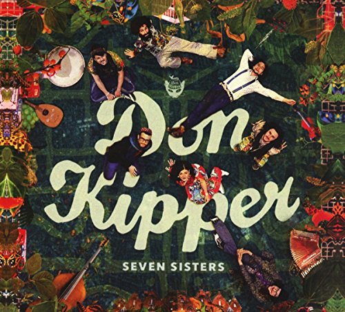 "Album cover with 'Don Kipper' and 'Seven Sisters' text, surrounded by musicians in a forest."
