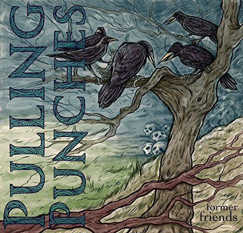 "Album cover art with four crows on a twisted tree branch, skulls below."