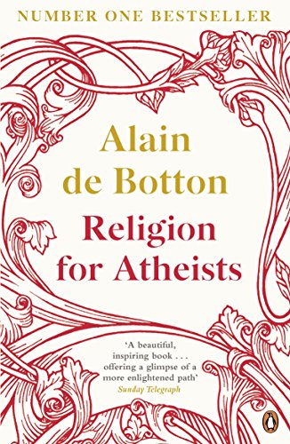 "Book cover with red floral border, white background, and title 'Religion for Atheists' in red text."