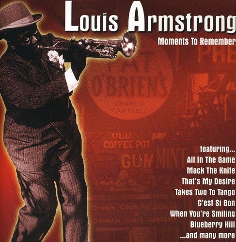 "Louis Armstrong CD cover featuring a man playing trumpet with red background and song titles."