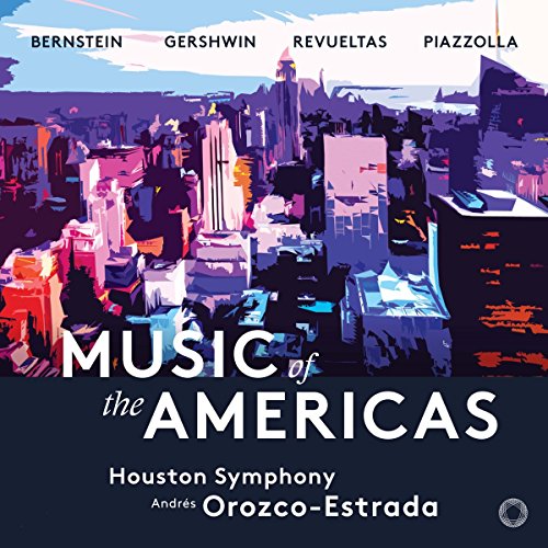 "Album cover with cityscape illustration and 'Music of the Americas' title."