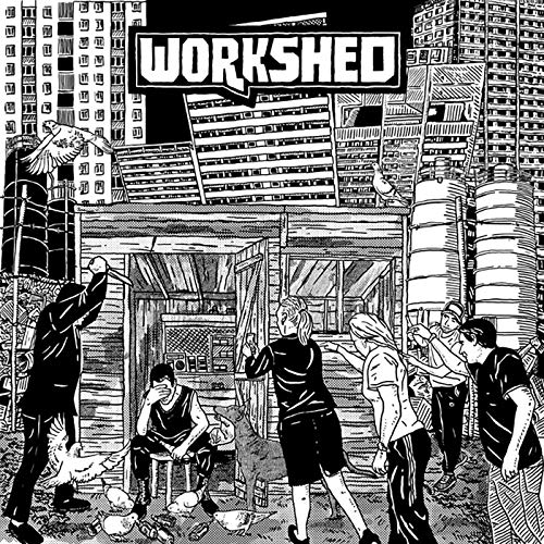 Black and white illustration of people and chickens around a workshed.
