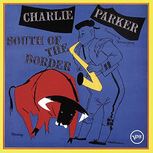 "Album cover with cartoon man playing saxophone beside a bull, blue background, yellow border."