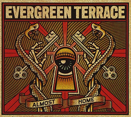 The image depicts an album cover for "Evergreen Terrace - Almost Home" with EAN 3984147547544. * The cover features a striking design with a central figure, surrounded by snakes and other elements. + The central figure is a black-and-white illustration of a person's head, wearing a helmet. + The figure is surrounded by two snakes, one on either side, with their heads raised and mouths open. + The snakes are depicted in a gold color,
