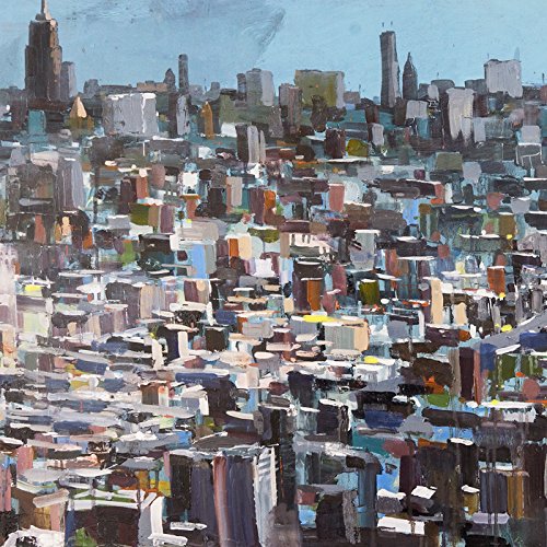 Impasto painting of a dense, colorful cityscape with tall buildings.