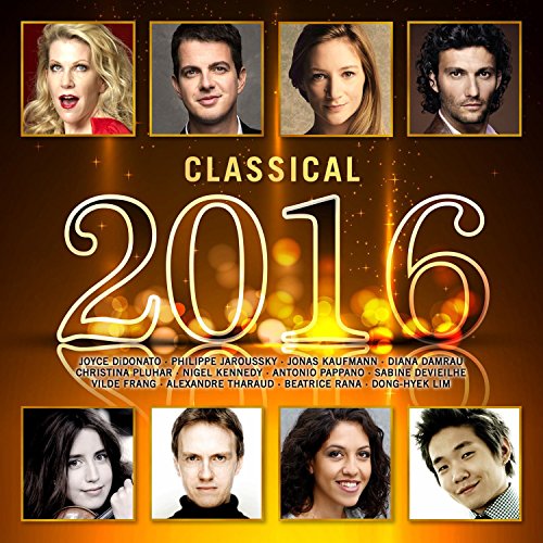 "CD cover with 'Classical 2016' and headshots of 8 musicians on orange background."