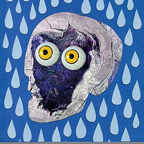 Collage of a skull with large eyes, set against a blue, rainy background.
