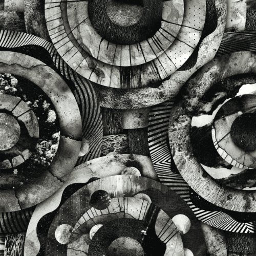 Black and white abstract album cover with circular and linear patterns.