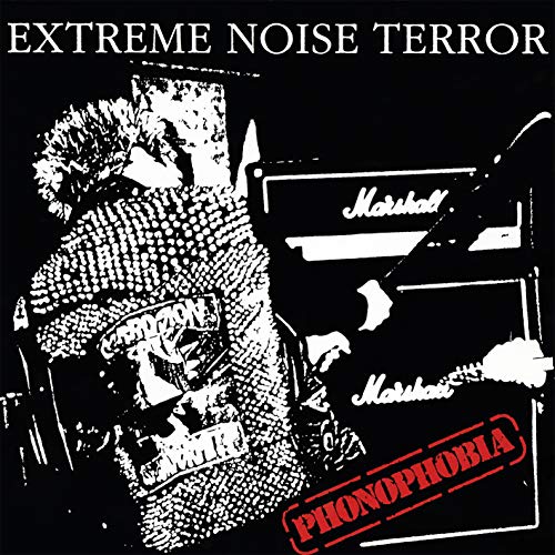 Black and white album cover for Extreme Noise Terror’s “Phonophobia” vinyl.