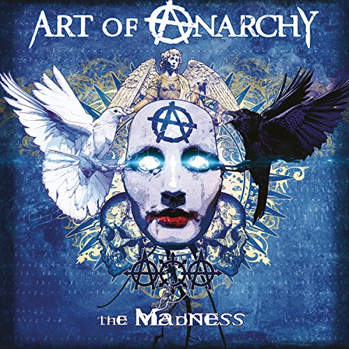 "Album cover featuring a white face with anarchy symbol, surrounded by birds and ornaments."