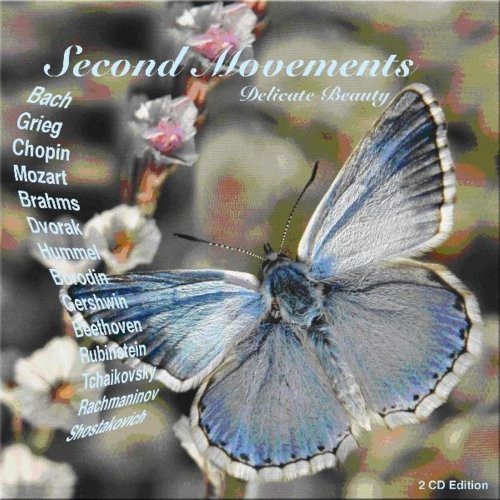 "CD cover with blue butterfly and white flowers, listing composers' names."