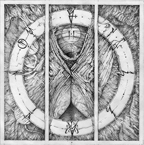 The image is a triptych artwork with a central figure and circular text. #### Alt text: "Triptych artwork featuring a central figure surrounded by circular text and abstract background."