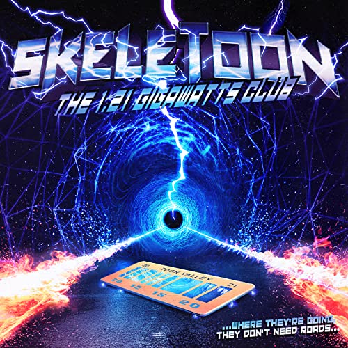 Skeletoon album cover with electric blue vortex and a DeLorean car.