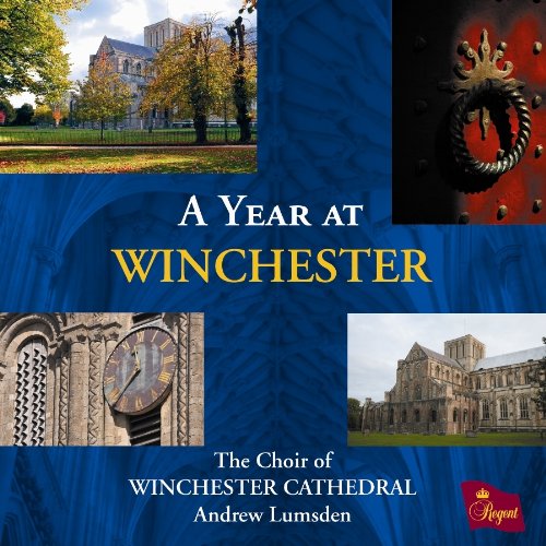 "Blue album cover with 'A Year at Winchester' and cathedral images."