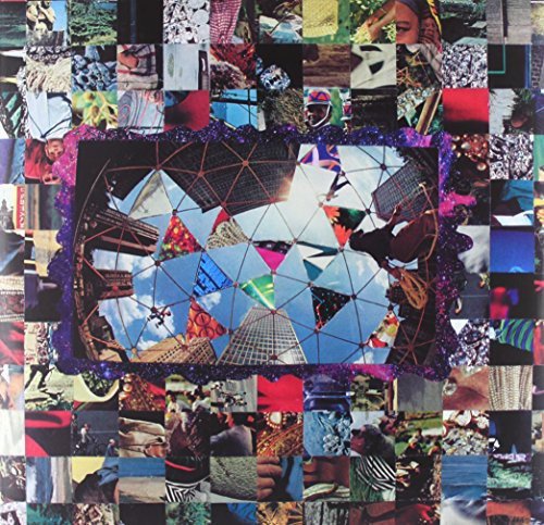 The image shows a vinyl record cover with a kaleidoscope of images. For accessibility purposes, a suitable alt text could be: "Collage of various images forming a vinyl record cover."