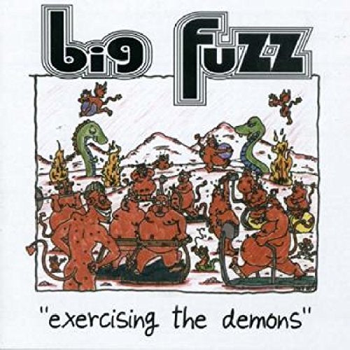 "Album cover art featuring cartoon devils exercising, with 'big fuzz' and 'exercising the demons' text."