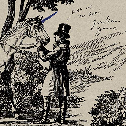 Black and white illustration of a man kissing a unicorn, with handwritten text nearby.